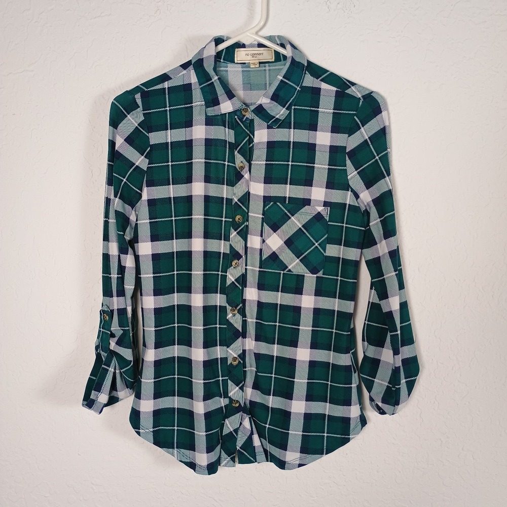 No Comment Junior Women's Small Green Checkered‎ Roll Tab Sleeve Blouse Shirt